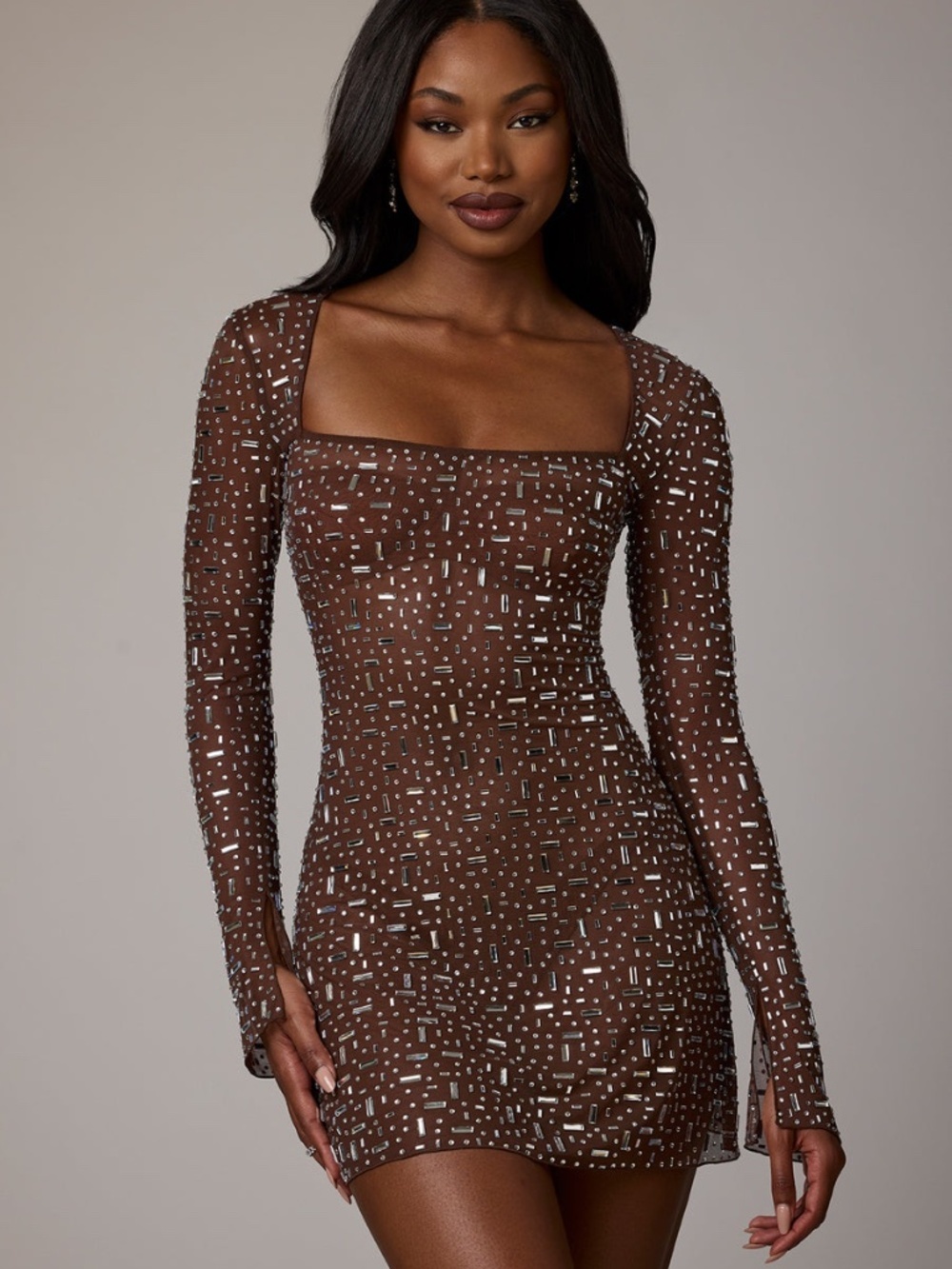 Oh Polly Brown Embellished Long-Sleeve Mini Dress